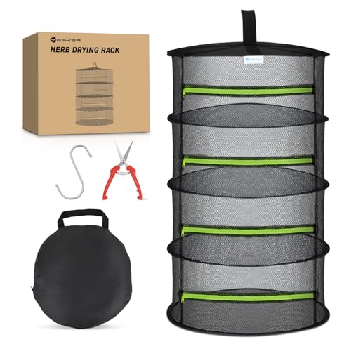 4 Layer Herb Drying Rack Hanging Mesh Net Foldable Plant Drying Racks 24" w Green Zipper Pruning Shears Hook Dryer Hanging Rack for Herbs Seed Bud Fruit Clothes Grow Tent Closets Garden Outdoor