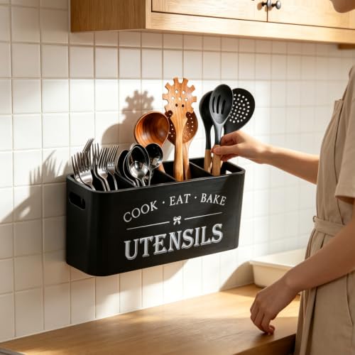 Wooden Kitchen Utensil Holder Organizer for Counter or Countertop (black / 4 Compartment)