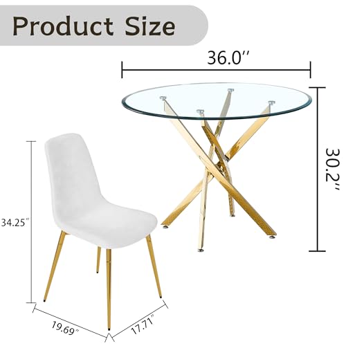 36" Round Glass Dining Table Set for 4 (Gold Round Table/White Velvet Chairs / 5 Pieces)