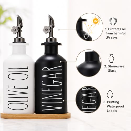 Premium Olive Oil Dispenser for Kitchen (Black&White+Tray / 11.8 fl oz)