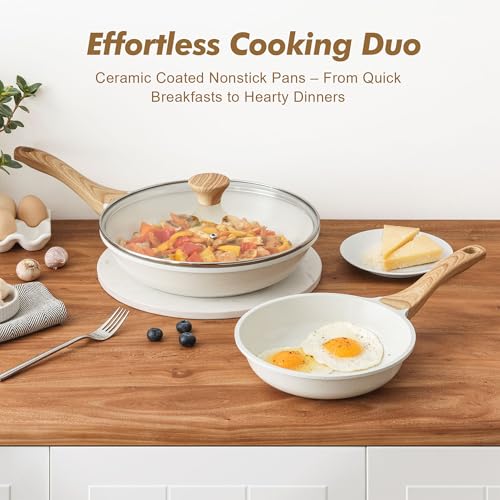 Ceramic Nonstick Frying Pan Skillets (White / 8+11 Inch w/ Lid)