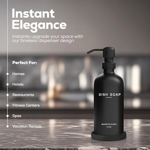 Black Glass Dish Soap Dispenser for Kitchen Sink by Brighter Barns (Black D)
