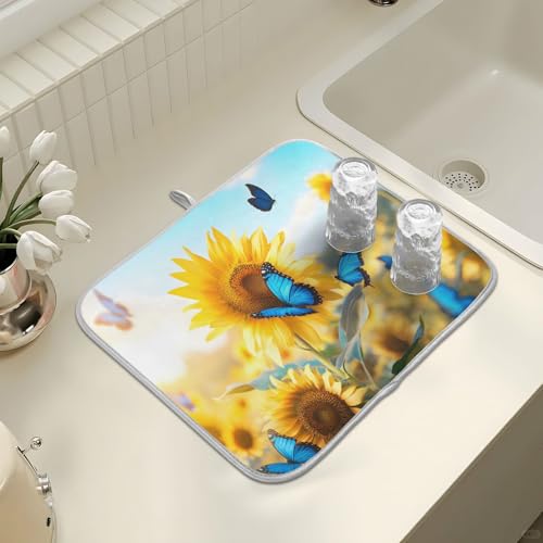 Blooming Sunflowers Blue Butterfly03 Dish Drying Mat for Kitchen Counter Absorbent Microfiber Small Drying Pad Dish Mats for Kitchen Countertops 16 x 18 Inch (18" x 16")