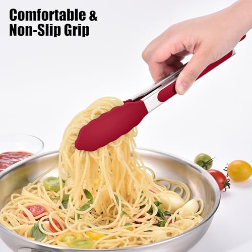 Kitchen Tongs with Silicone Tips for Cooking Serving (9in / Red)