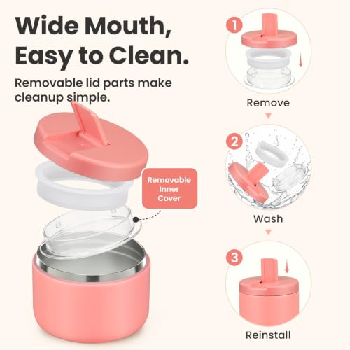 12oz Insulated Vacuum Food Jar with Buckle Lid Wide Mouth Soup Thermo for Hot Food Kids Leakproof Stainless Steel Lunch Container (Pink / 12OZ)