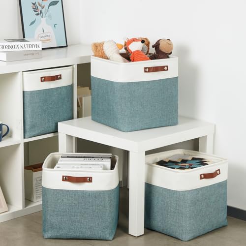 Storage Bins 4 Pack Of 13x13x13 Decorative Storage Cube Bins Suit Office (White&Dark Green / L-13"x 13"x 13")