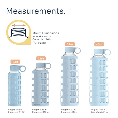 40oz / 32oz / 22oz / 12oz Borosilicate Glass Water Bottle with Time & Volume Markers, Silicone Sleeve, Stainless Steel Lid | Reusable Glass Bottle for Water & Juice (22oz Ice Blue) (Ice Blue (1 Count) / 22 Ounces)