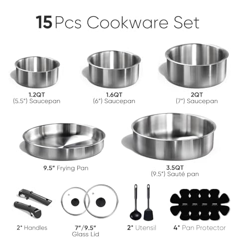 15pcs Tri Ply Stainless Steel Cookware Set with Detachable Handle (Silver / 15 pieces)