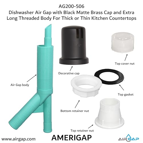 Dishwasher Air Gap with Skirted Black Matte Brass Cap and Extra Long Threaded Body for Thick or Thin Kitchen Countertops (AG200-506)