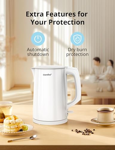 Stainless Steel Double Wall Electric Kettle 1.5L (1.6 Quarts / White)