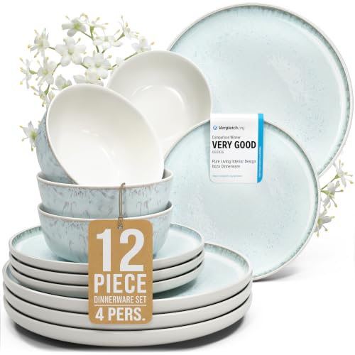 12 Piece Stoneware Dinnerware Set for 4 (Light / Beige Blue / Set for 4 (12pcs))