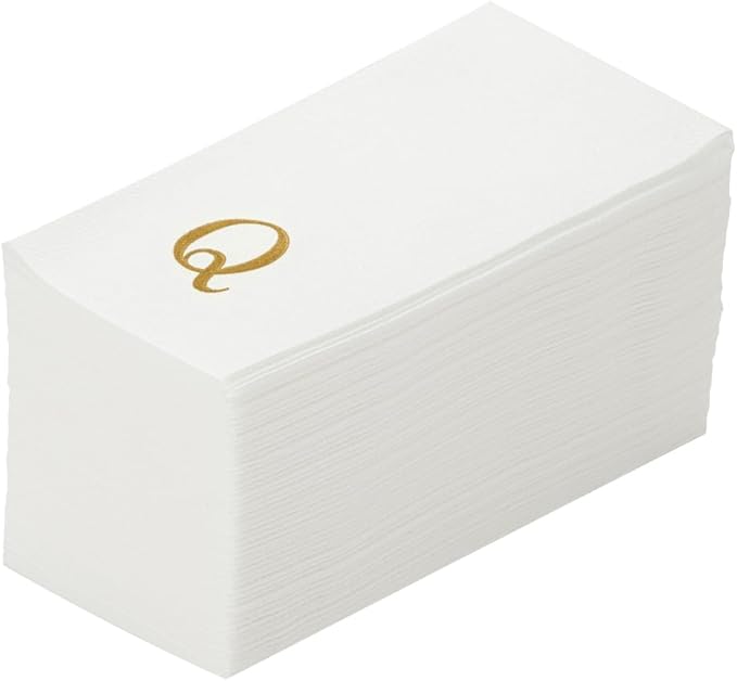 Luxenap 15.8 X 7.9 Inch Linen-Feel Guest Towels, 2000 Lettered Hand Towels - Gold Letter 'Q', Sans Serif Font, White Paper Dinner Napkins, airlaid, For Restrooms And Tables