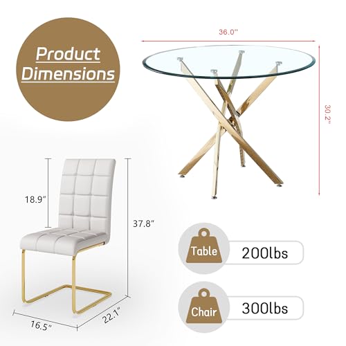 5 Piece Round Glass Dining Table Set (Round Table - 4 Gold White Chairs)