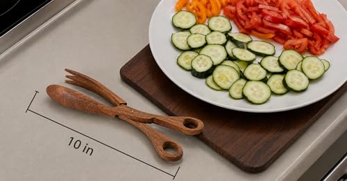 Hand Carved Palm Wood Scissor Tongs for Salad Bread and Pastry Serving (Brown)