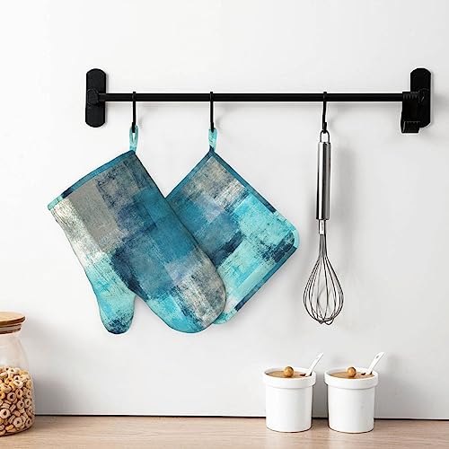 Modern Art Abstract Gery Turquoise Oven Mitts and Pot Holders Sets Silicone Turquoise Kitchen Mitts Potholders Heat Resistant 4Pcs Teal Oven Gloves Hot Pads for Kitchen Baking Cooking BBQ (Teal Abstract)