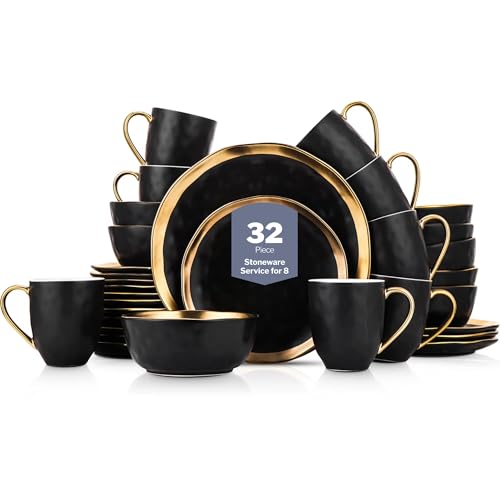 Florian Modern Porcelain Dish Set (32-Pieces Service for 8 / Black with Gold Rim)