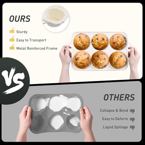 2 Packs 6 Cups Silicone Muffin Pan with Metal Reinforced Frame Jumbo Size Cupcake Pan Tray Egg Bites Silicone Circle Cookie Molds Muffin Tin Tart Pans Large Big Baking Sheet Set for Breakfast (Jumbo / Cream)