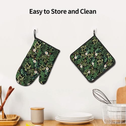 Green Botanical Oven Mitts and Pot Holder Kitchen Accessories Sets Fern Leaves Heat Resistant Baking Cooking Oven Gloves Washable Potholder (Green Botanical)