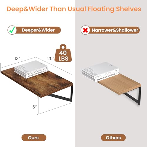 20W x 12D Deep Floating Shelves Set of 2 Rustic Brown (Rustic Brown With Black Metal Bracket / 20Wx12Dx5.8H)