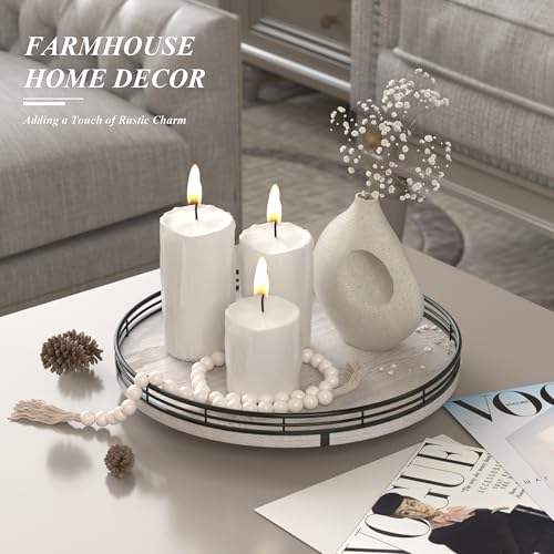 12 Inch Whitewashed Farmhouse Lazy Susan Tray with Black Metal Frame