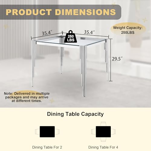 35'' Modern Square Glass Dining Table for 4 People (Silver-clear / Square-35.43" L x 35.43" W x 29.53" H)