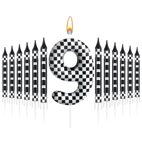 13 Pcs Racing Cars Themed Birthday Candles Black and White Race Number 9 Checkered Candle Cake Topper for Racing Car Party Decoration Supplies (13 Count)