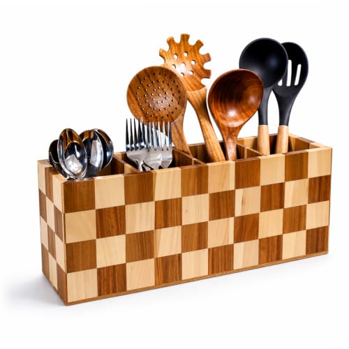 Large Kitchen Utensils Holder 4 Compartments with Checkered Design (Checkered / 4 Compartment)