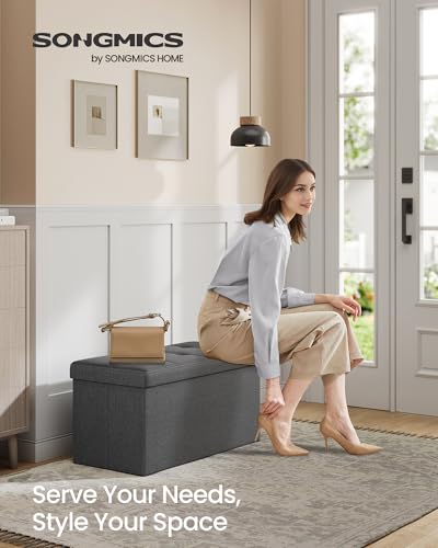 30 Inches Folding Storage Ottoman Bench (Dark Gray / 15"D x 30"W x 15"H (without Flipping Lid))