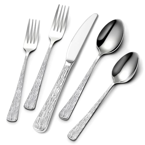 60Piece Hammered Silverware Set (60Pcs Tree Pattern Handles)