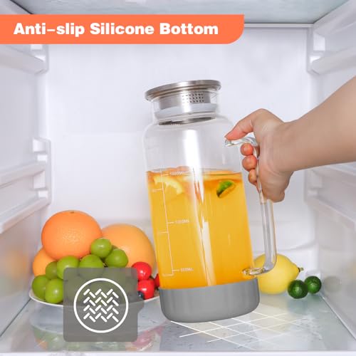 68oz Glass Pitcher with Lid and Handle for Fridge (Grey Silicone)