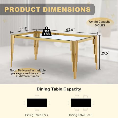 63'' Modern Glass Dining Table for 4 (Gold-clear / Rectangle-62.99" L x 35.43" W x 29.53" H)