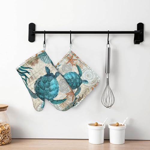 Sea Turtle Ocean Animal Landscape Oven Mitts and Pot Holders Sets Silicone Sea Turtle Kitchen Mitts Potholders Heat Resistant 4Pcs Oven Gloves Hot Pads for Kitchen Grilling (Sea Turtle)
