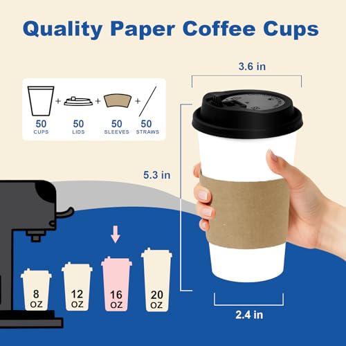 16 oz 50 Pack Coffee Cups with Lids and Sleeves (White- 50packs / 16 oz)