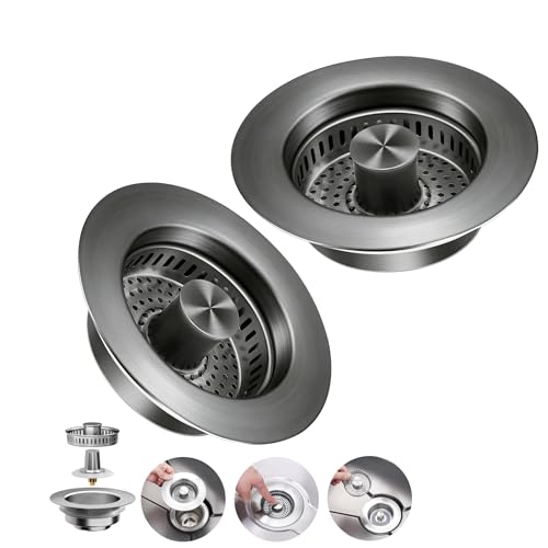 3 in 1 Kitchen Sink Drain Strainer & Pop Up Sink Stopper 2 Pack (Gunmetal Grey)