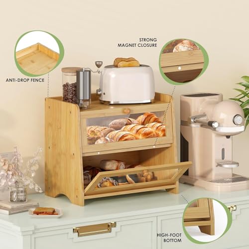Double Layer Bread Box Container for Kitchen Countertop Homemade Bread (Natural Bamboo / 2 Tier-Medim)