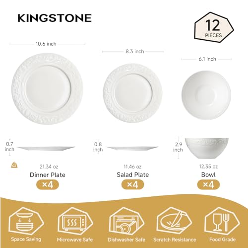 12Pcs Vintage Relief White Bone China Set (White-Retro Embossed / service for 4-12pcs)