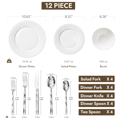 32Pc Bone China Dinnerware & Silverware Set (White-Rhombus / service for 4-32pcs)