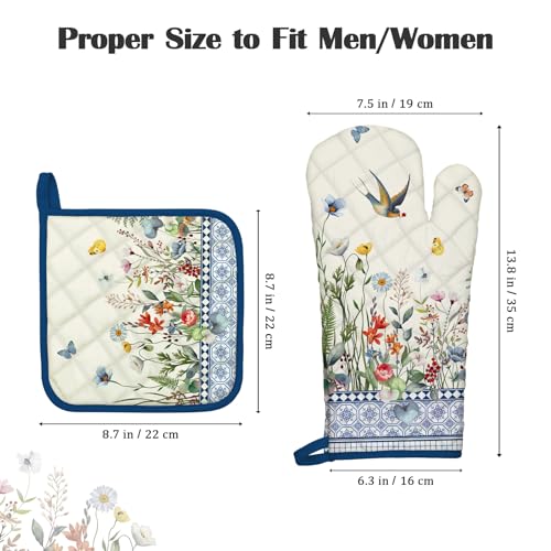 Country Wildflower Oven Mitts and Pot Holders Set (Retro Wildflowers / Oven Mitt x2 & Pot Holder x2)
