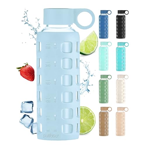 40oz / 32oz / 22oz / 12oz Borosilicate Glass Water Bottle with Time & Volume Markers, Silicone Sleeve, Stainless Steel Lid | Reusable Glass Bottle for Water & Juice (12oz Ice Blue) (Ice Blue (1 Count) / 12 Ounces)