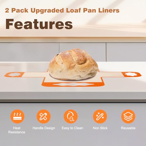 2 Pcs Reusable Silicone Bread Loaf Pan Liners (Orange)