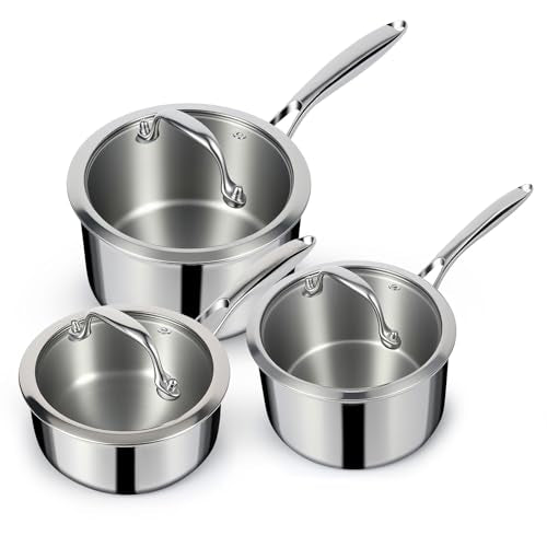 3 Ply Stainless Steel Sauce Pan Set with Lids (1 + 2 + 3 Quarts)