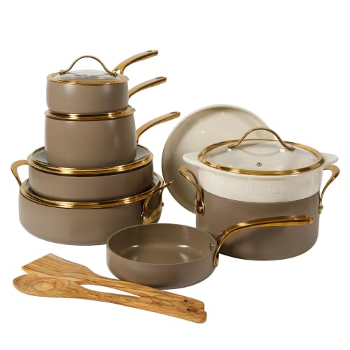 15 Piece Ceramic Nonstick Cookware Set (Cappuccino Cream w/ Gold Handle / 15-Piece Cookware Set)