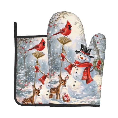 Winter Snowman Oven Mitts and Pot Holder Set of 2 Red Bird Berry Decorative Oven Gloves Heat Resistant Kitchen Hot Pads for Baking Cooking (Winter Snowman Deer)