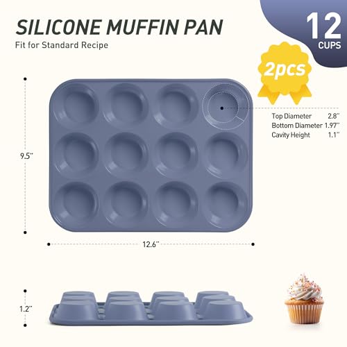 2 Pack 12 Cups Silicone Muffin Pan with Metal Reinforced Frame Regular Size Silicone Molds Cupcake Cake Baking Pans Cookie Baking Chocoflan Cupcake Mold Muffin Top Pan Flanera Housewarming Gift (2pc: 12-Cup Regular / Morandi Blue)