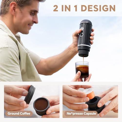 2-in-1 Portable Espresso Maker For Nespresso Pod＆Ground,Black (Black)