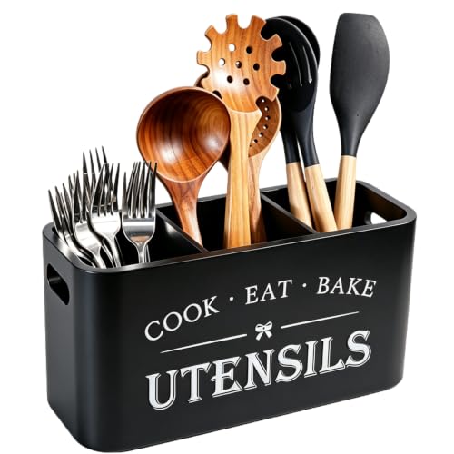Wooden Kitchen Utensil Holder Organizer for Counter or Countertop (black / 3 Compartment)