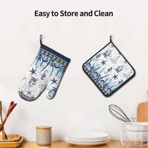 Nautical Sailboat Oven Mitts and Pot Holder Set of 2 Ocean Starfish Heat Resistant Oven Glove Washable Potholder for Kitchen Cooking Baking (Nautical Sailboat)