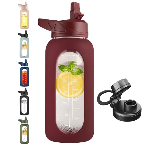 32 oz Glass Water Bottle with Straw (Cherry / 32 Ounces)