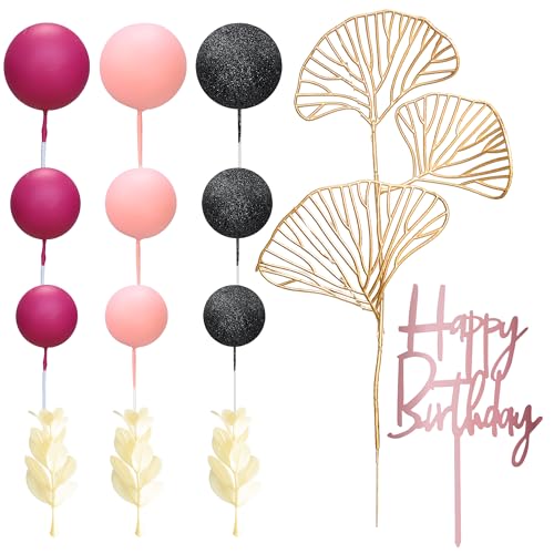 57Pcs Balls Cake Topper Boho Grass Cake topper Pearl Balls Acrylic Happy Birthday Cake Decorations for Wedding Baby Shower Birthday Boho Themed Party Supplies Black Pink Rose Red (Black Pink Rose Red)