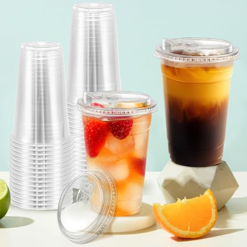 50 Pack 20 oz Clear Plastic Cups with Sip Lids (20oz 50Pack)